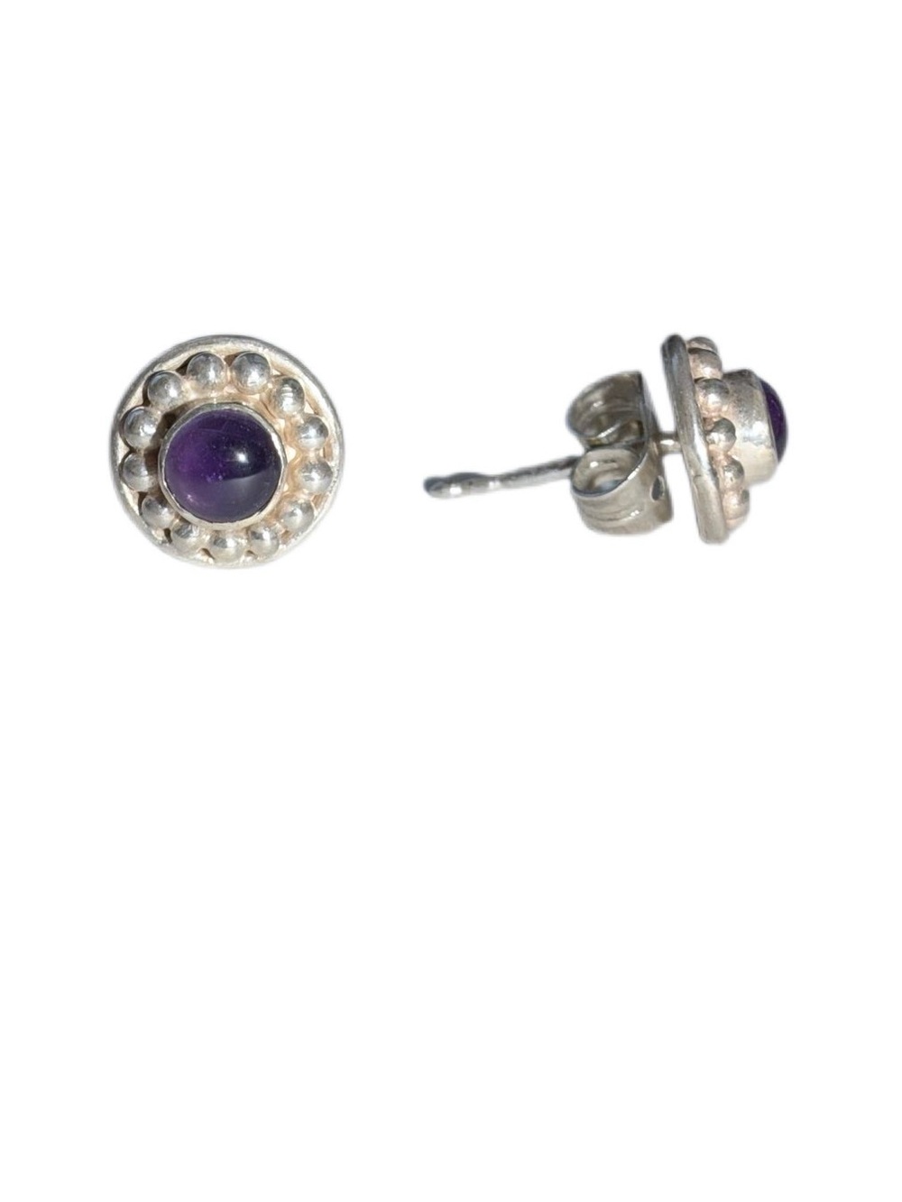 Vintage Sterling Silver Cabochon Amethyst Beaded Stud Earrings 8mm